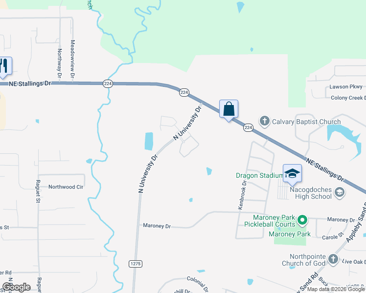 map of restaurants, bars, coffee shops, grocery stores, and more near 4704 North University Drive in Nacogdoches