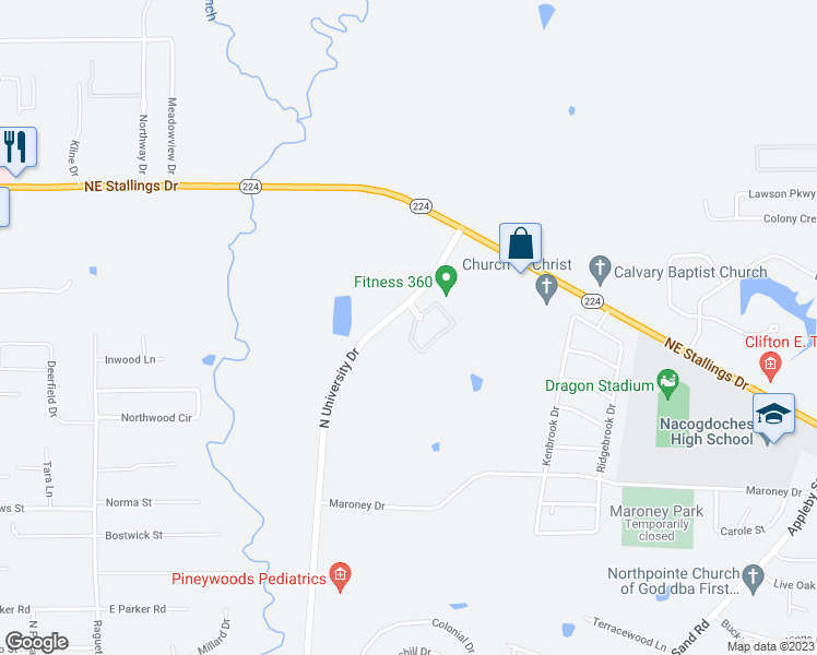 map of restaurants, bars, coffee shops, grocery stores, and more near 4422 North University Drive in Nacogdoches