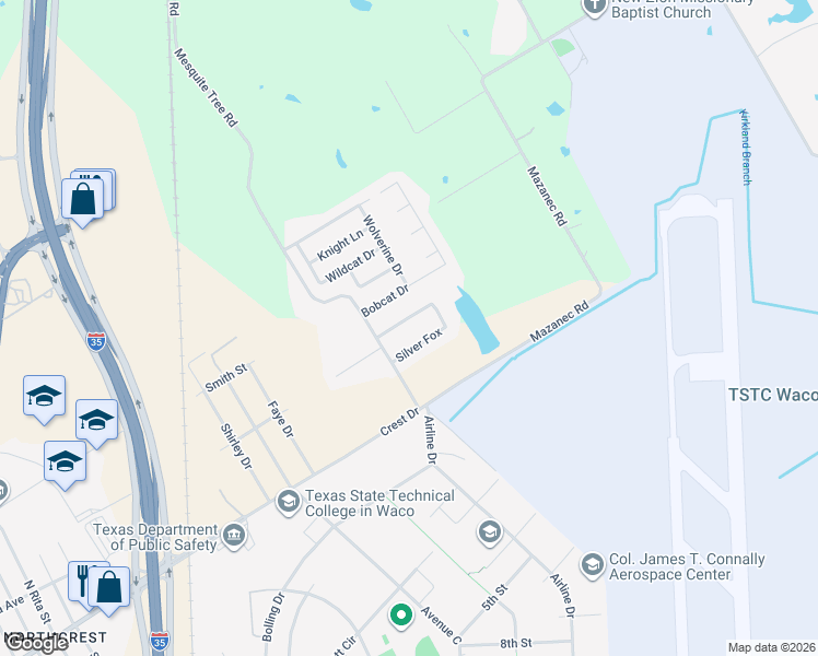 map of restaurants, bars, coffee shops, grocery stores, and more near 106 Silver Fox in Waco