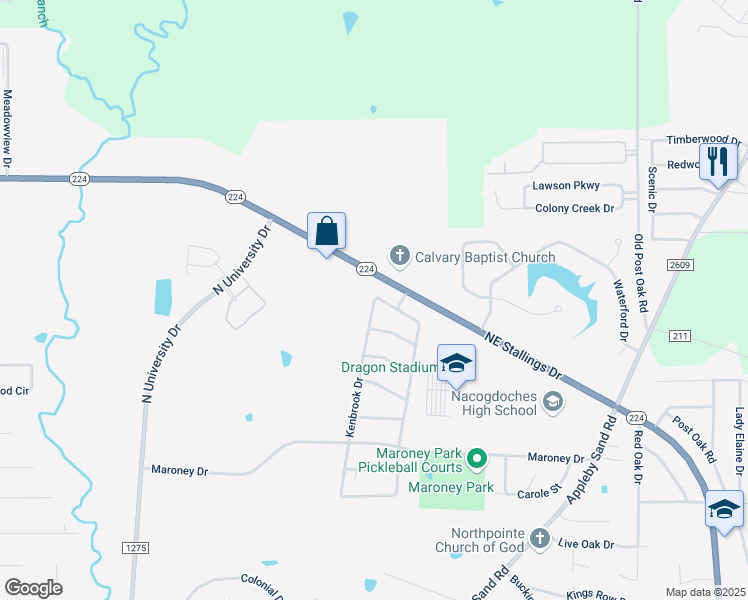 map of restaurants, bars, coffee shops, grocery stores, and more near 6236 Kenbrook Drive in Nacogdoches