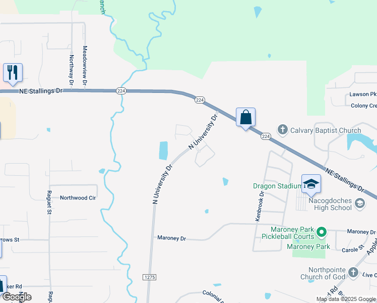 map of restaurants, bars, coffee shops, grocery stores, and more near 4422 North University Drive in Nacogdoches