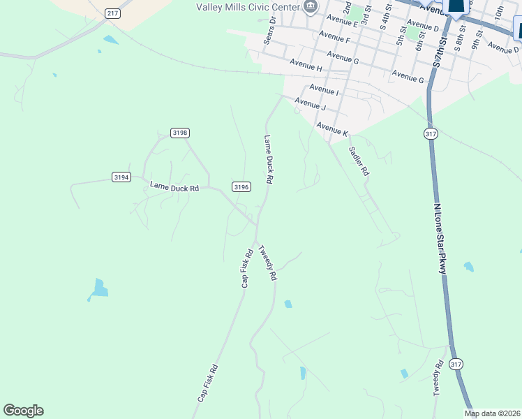 map of restaurants, bars, coffee shops, grocery stores, and more near 235 Lame Duck Road in Valley Mills