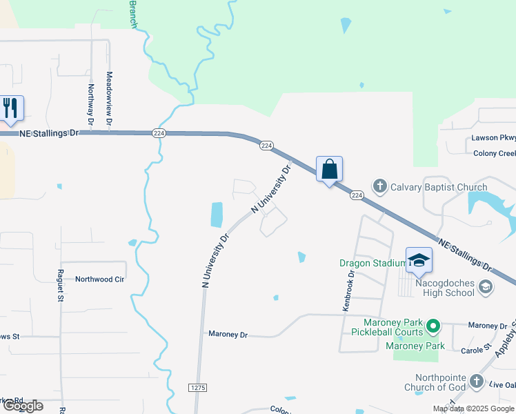 map of restaurants, bars, coffee shops, grocery stores, and more near 4721 North University Drive in Nacogdoches