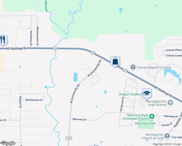 map of restaurants, bars, coffee shops, grocery stores, and more near 4721 North University Drive in Nacogdoches