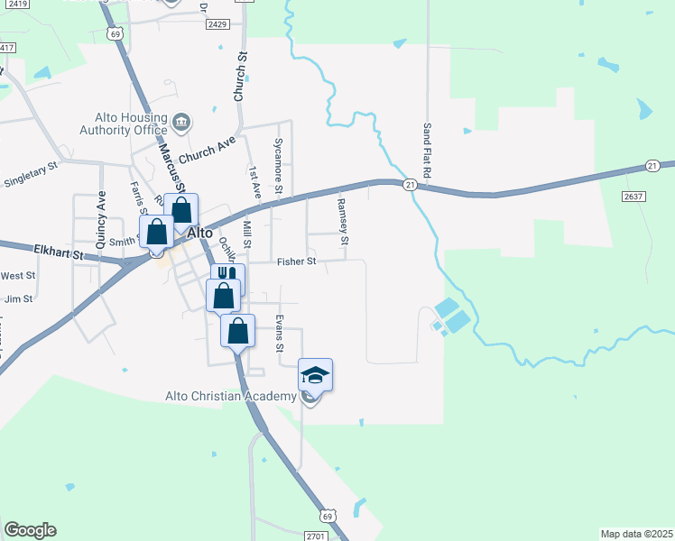 map of restaurants, bars, coffee shops, grocery stores, and more near 420 Fisher Street in Alto