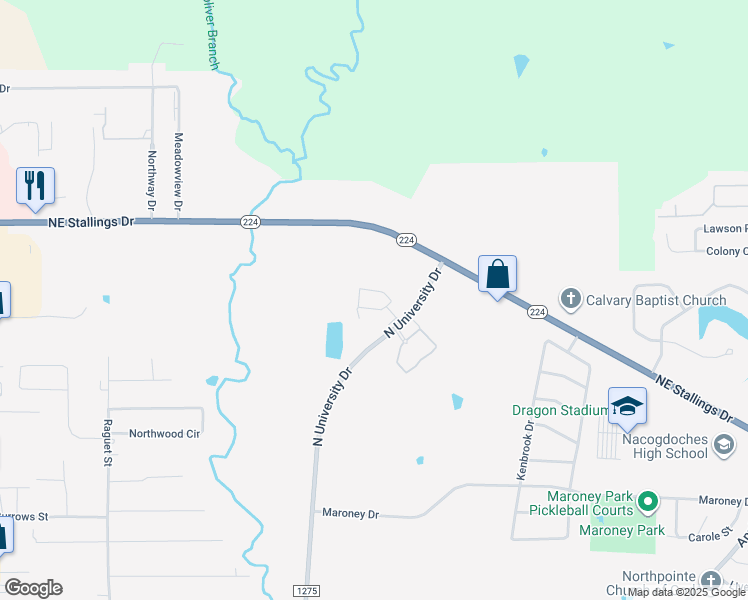 map of restaurants, bars, coffee shops, grocery stores, and more near 4721 North University Drive in Nacogdoches