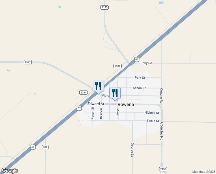 map of restaurants, bars, coffee shops, grocery stores, and more near 300-398 Main Street in Rowena