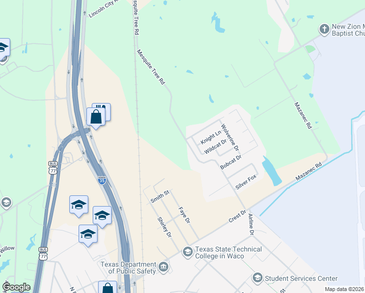 map of restaurants, bars, coffee shops, grocery stores, and more near 1138-1140 Mesquite Tree Road in Waco