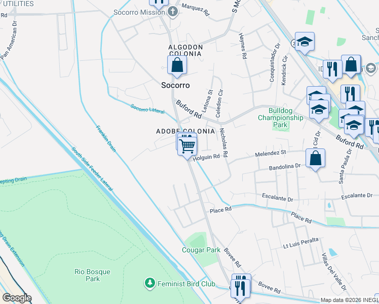 map of restaurants, bars, coffee shops, grocery stores, and more near 10291 Socorro Road in Socorro