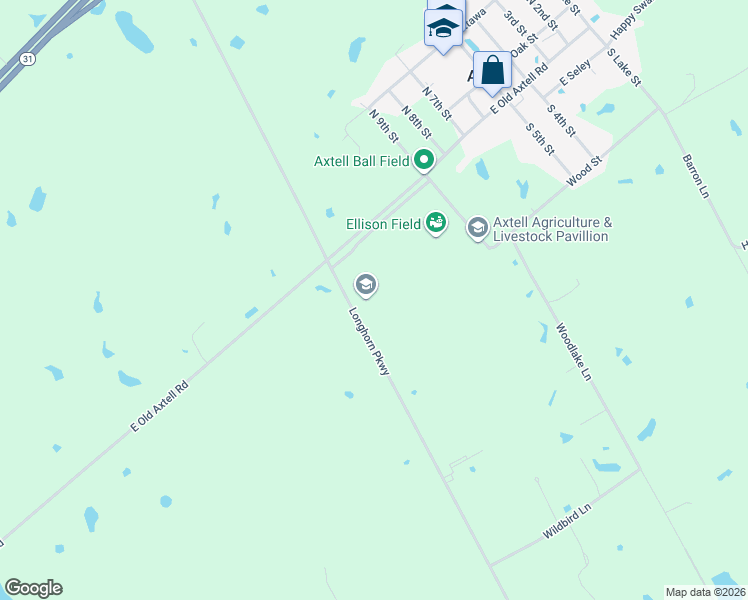 map of restaurants, bars, coffee shops, grocery stores, and more near 1178 Longhorn Parkway in Axtell