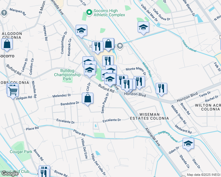map of restaurants, bars, coffee shops, grocery stores, and more near 10400 Alameda Avenue in Socorro