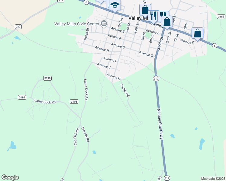 map of restaurants, bars, coffee shops, grocery stores, and more near 1118 3rd Street in Valley Mills