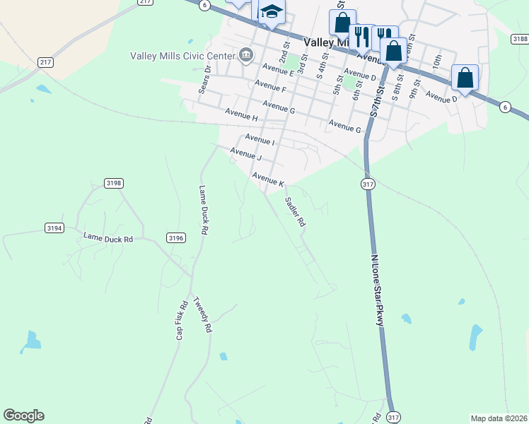 map of restaurants, bars, coffee shops, grocery stores, and more near 1118 3rd Street in Valley Mills