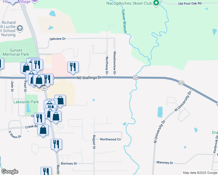 map of restaurants, bars, coffee shops, grocery stores, and more near 4541 Northeast Stallings Drive in Nacogdoches