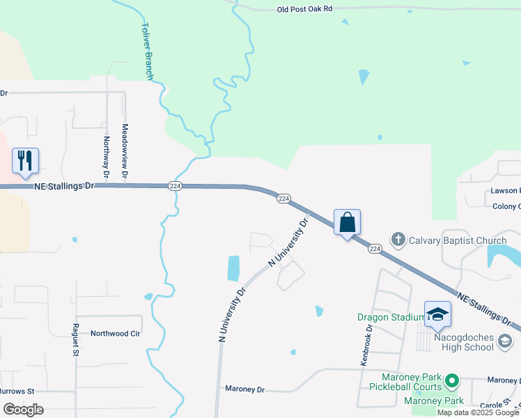 map of restaurants, bars, coffee shops, grocery stores, and more near 4203 Northeast Stallings Drive in Nacogdoches