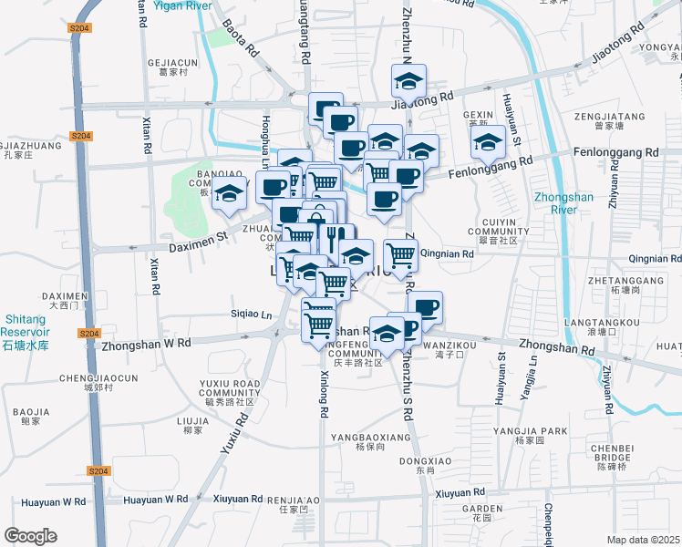 map of restaurants, bars, coffee shops, grocery stores, and more near in Nanjing