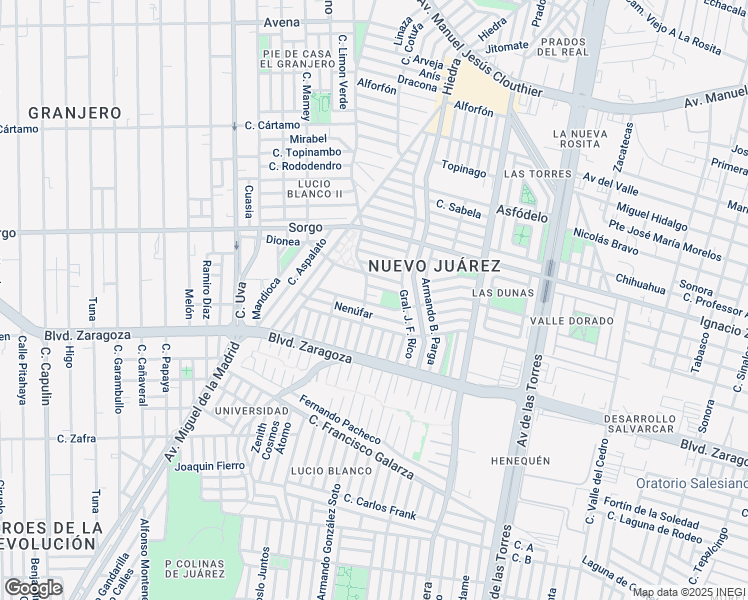 map of restaurants, bars, coffee shops, grocery stores, and more near 6864 Calle Toronja Roja in Ciudad Juárez