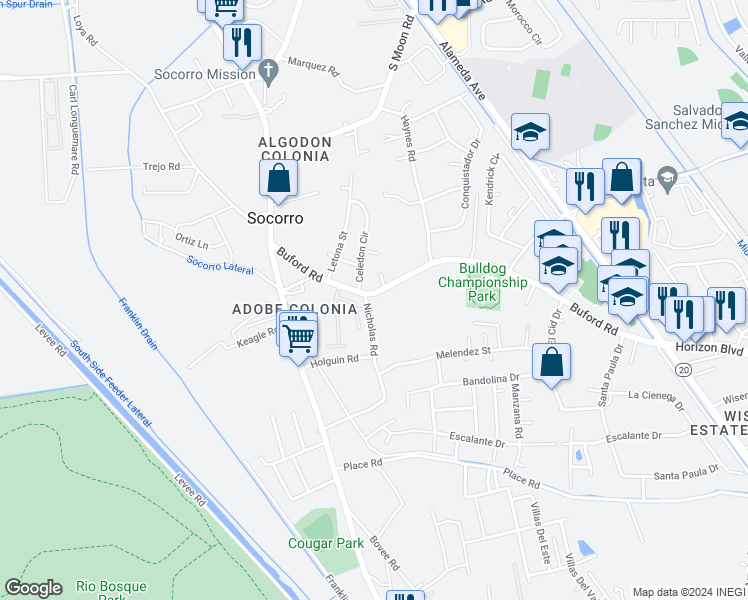 map of restaurants, bars, coffee shops, grocery stores, and more near 492 Buford Road in Socorro