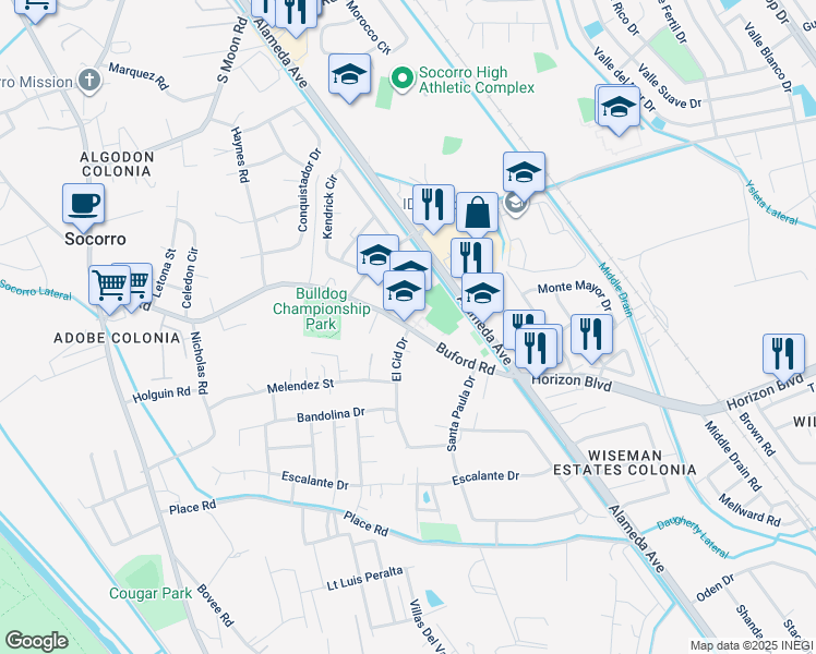 map of restaurants, bars, coffee shops, grocery stores, and more near 205 Buford Road in Socorro