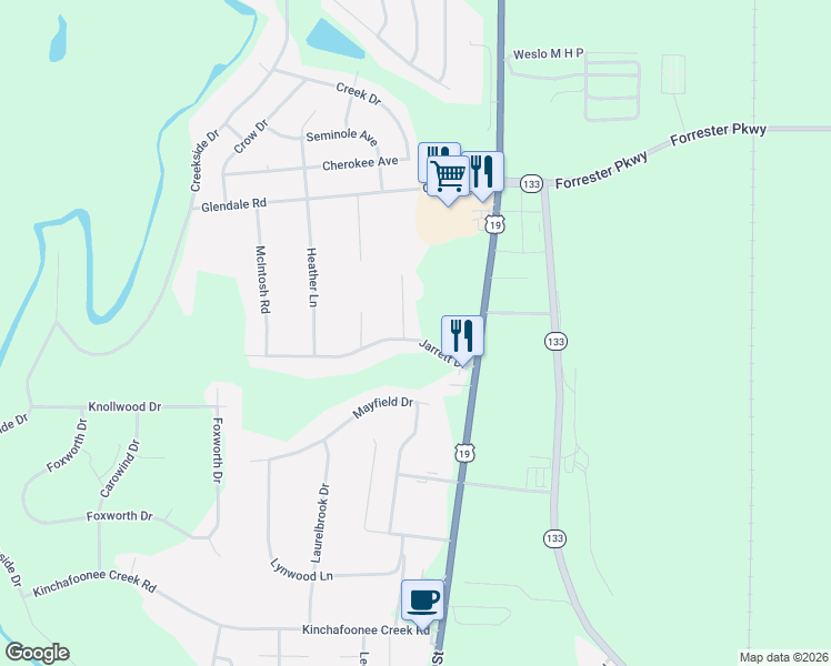 map of restaurants, bars, coffee shops, grocery stores, and more near 168-180 Jarrett Drive in Leesburg