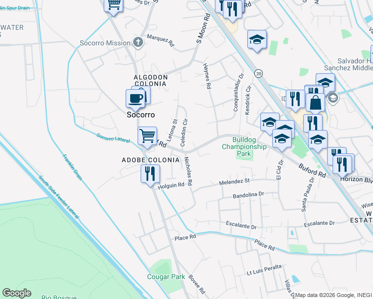 map of restaurants, bars, coffee shops, grocery stores, and more near 492 Buford Road in Socorro