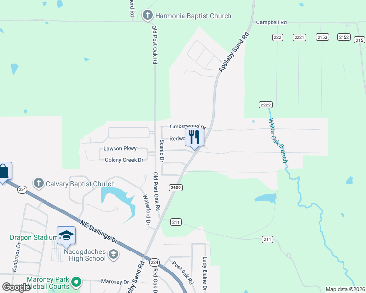 map of restaurants, bars, coffee shops, grocery stores, and more near 1702 Hurst Drive in Nacogdoches