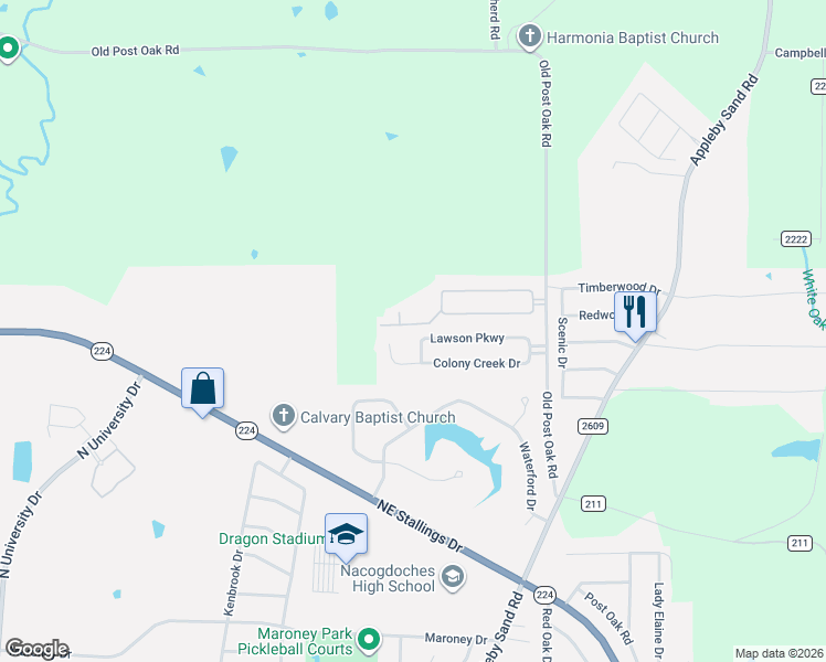 map of restaurants, bars, coffee shops, grocery stores, and more near 204 Robinhood Drive in Nacogdoches