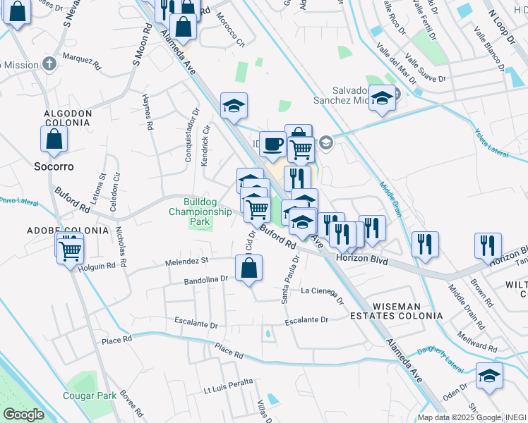 map of restaurants, bars, coffee shops, grocery stores, and more near 205 Buford Road in Socorro