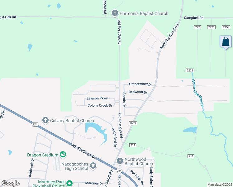 map of restaurants, bars, coffee shops, grocery stores, and more near 2719 Summer Hill Circle in Nacogdoches