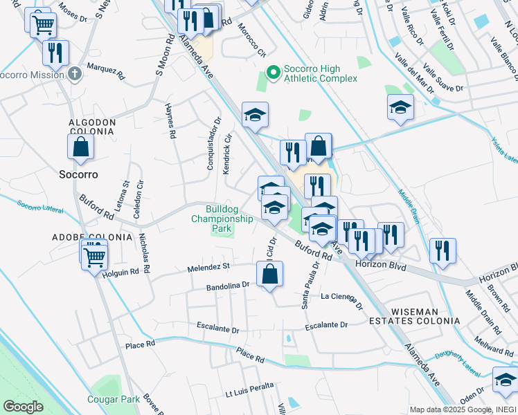 map of restaurants, bars, coffee shops, grocery stores, and more near 313 South Rio Vista Road in Socorro