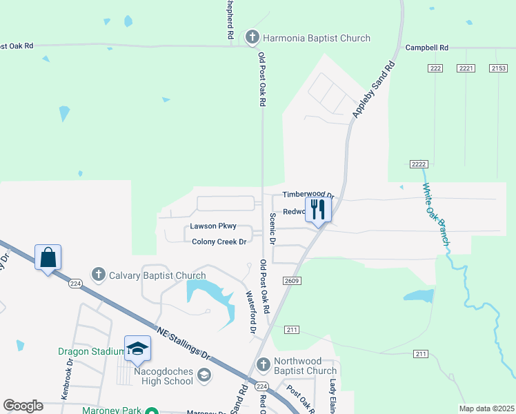 map of restaurants, bars, coffee shops, grocery stores, and more near 2719 Summer Hill Circle in Nacogdoches