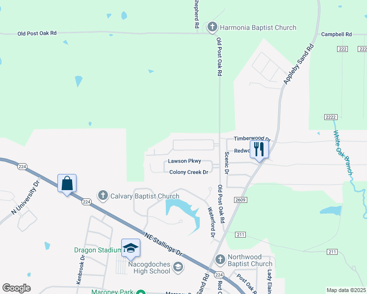 map of restaurants, bars, coffee shops, grocery stores, and more near 3026 Summer Hill Circle in Nacogdoches