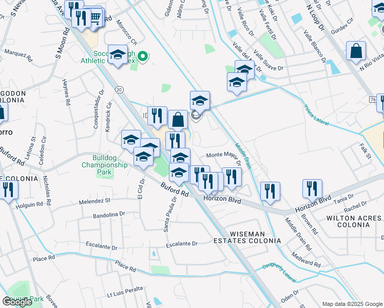map of restaurants, bars, coffee shops, grocery stores, and more near 10382 Montevideo Street in Socorro
