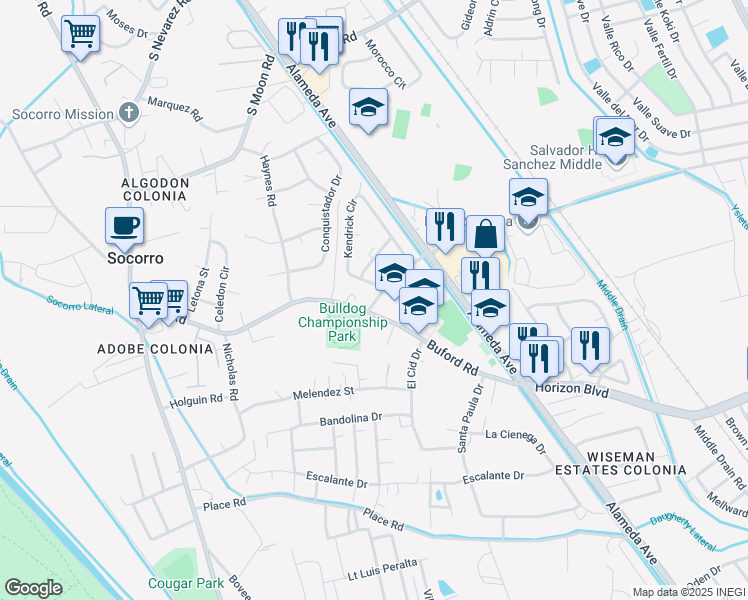 map of restaurants, bars, coffee shops, grocery stores, and more near 313 South Rio Vista Road in Socorro