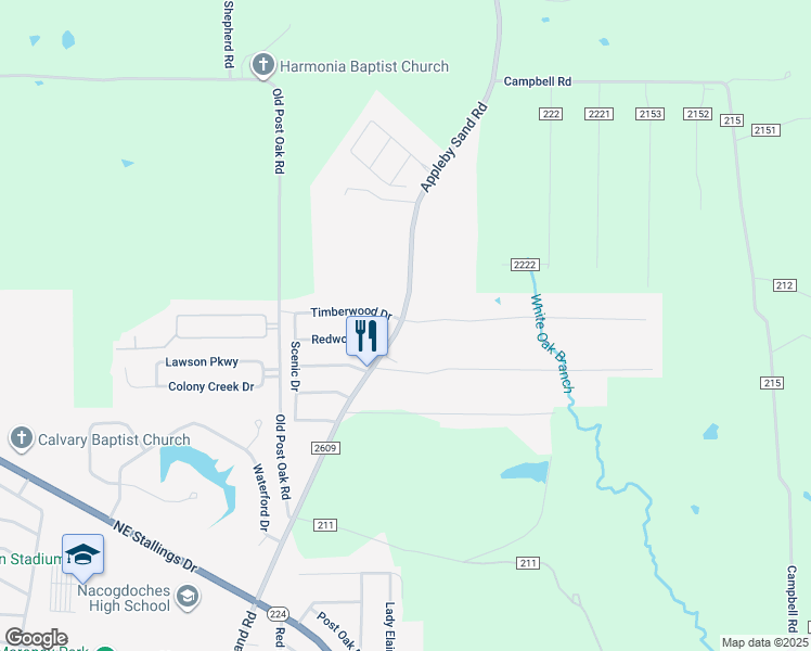 map of restaurants, bars, coffee shops, grocery stores, and more near 4010 Timberwood Drive in Nacogdoches