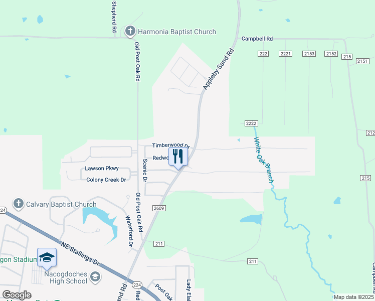map of restaurants, bars, coffee shops, grocery stores, and more near 4010 Timberwood Drive in Nacogdoches