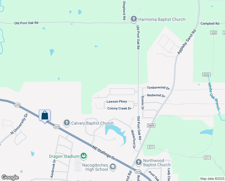 map of restaurants, bars, coffee shops, grocery stores, and more near 3026 Summer Hill Circle in Nacogdoches