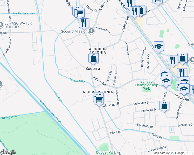 map of restaurants, bars, coffee shops, grocery stores, and more near 565 Buford Road in Socorro