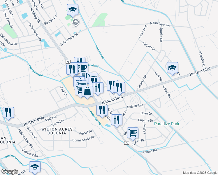 map of restaurants, bars, coffee shops, grocery stores, and more near 10733 Horn Circle in Socorro