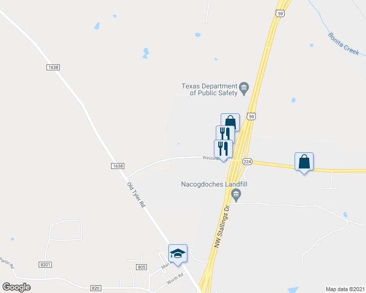 map of restaurants, bars, coffee shops, grocery stores, and more near 1815 Tanglewood Circle in Nacogdoches