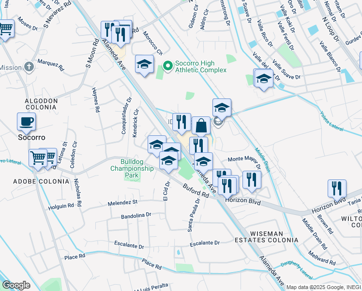 map of restaurants, bars, coffee shops, grocery stores, and more near 10400 Alameda Avenue in Socorro