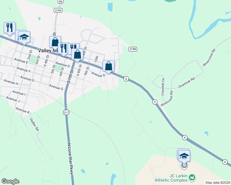 map of restaurants, bars, coffee shops, grocery stores, and more near 899 Buffalo Country Road in Valley Mills
