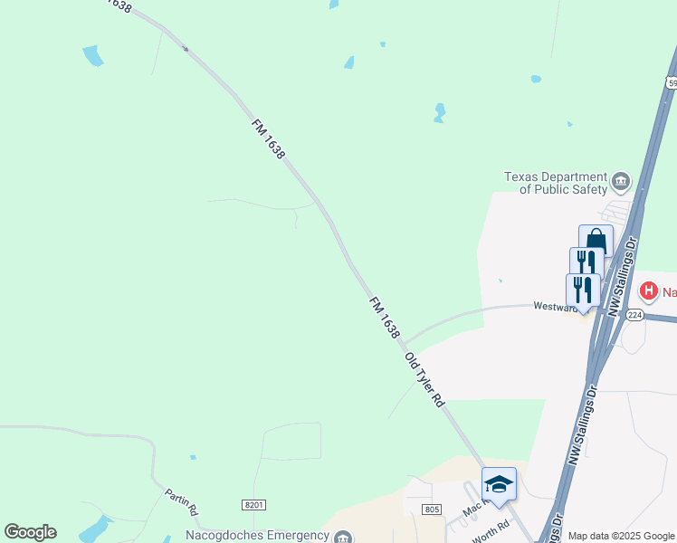 map of restaurants, bars, coffee shops, grocery stores, and more near 5485 FM 1638 in Nacogdoches
