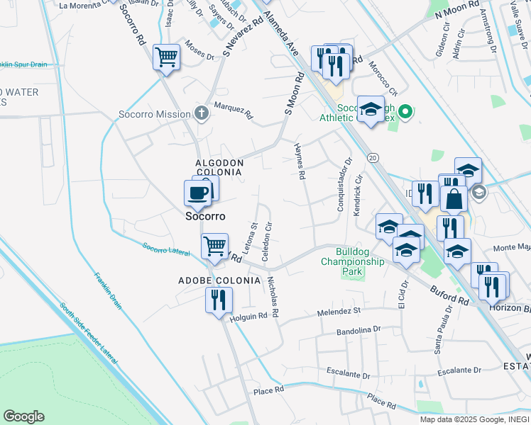 map of restaurants, bars, coffee shops, grocery stores, and more near 10225 Celedon Circle in Socorro