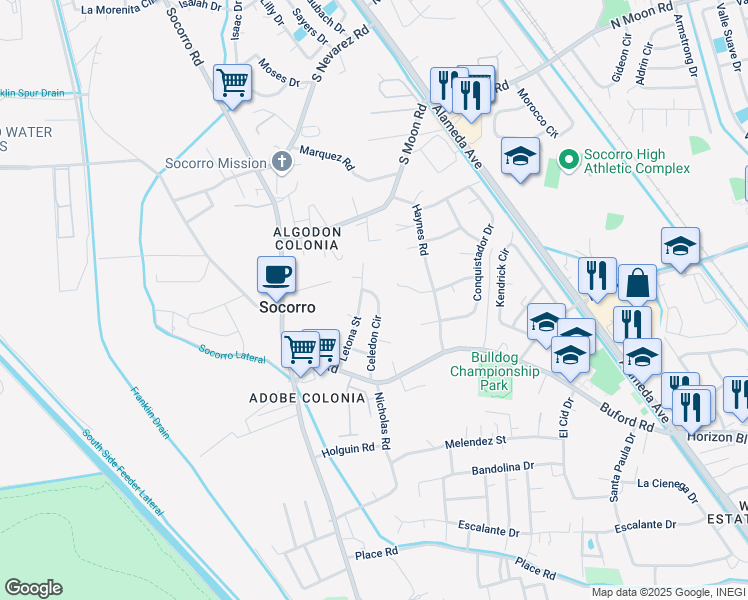 map of restaurants, bars, coffee shops, grocery stores, and more near 10225 Celedon Circle in Socorro