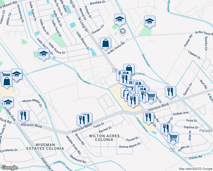 map of restaurants, bars, coffee shops, grocery stores, and more near 560 Three Missions Drive in El Paso