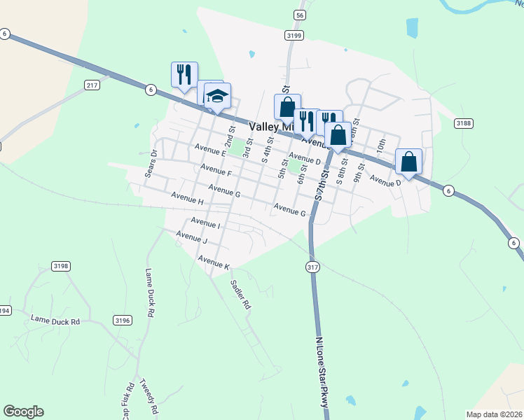 map of restaurants, bars, coffee shops, grocery stores, and more near 408 Avenue G in Valley Mills