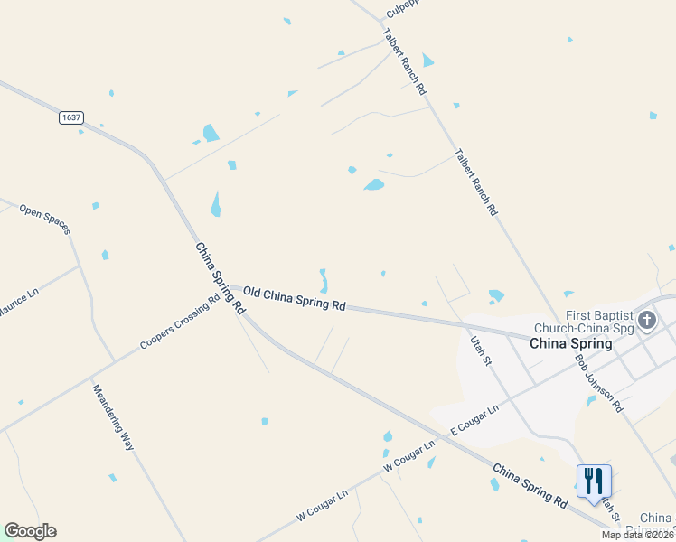 map of restaurants, bars, coffee shops, grocery stores, and more near 15902 Old China Spring Road in China Spring