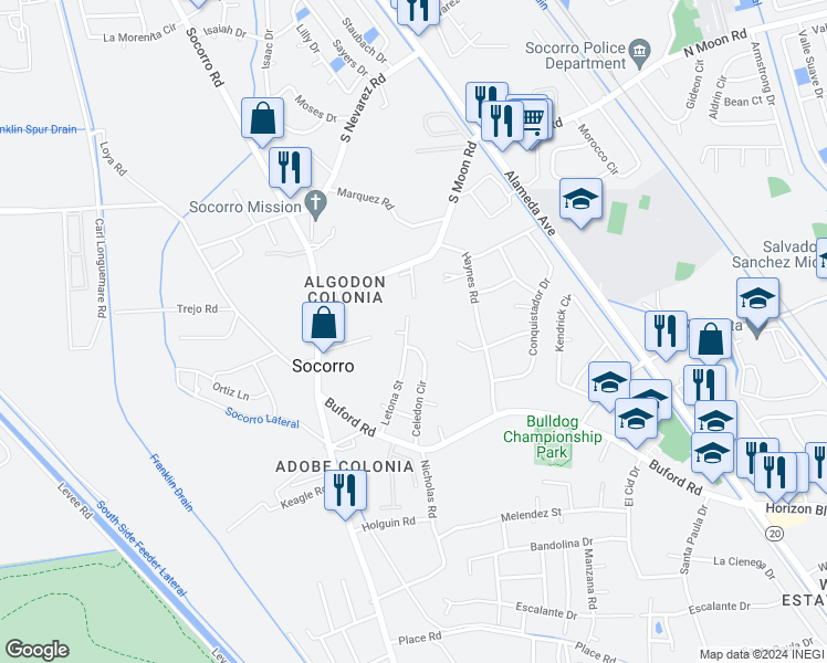 map of restaurants, bars, coffee shops, grocery stores, and more near 10192 Letona Street in Socorro