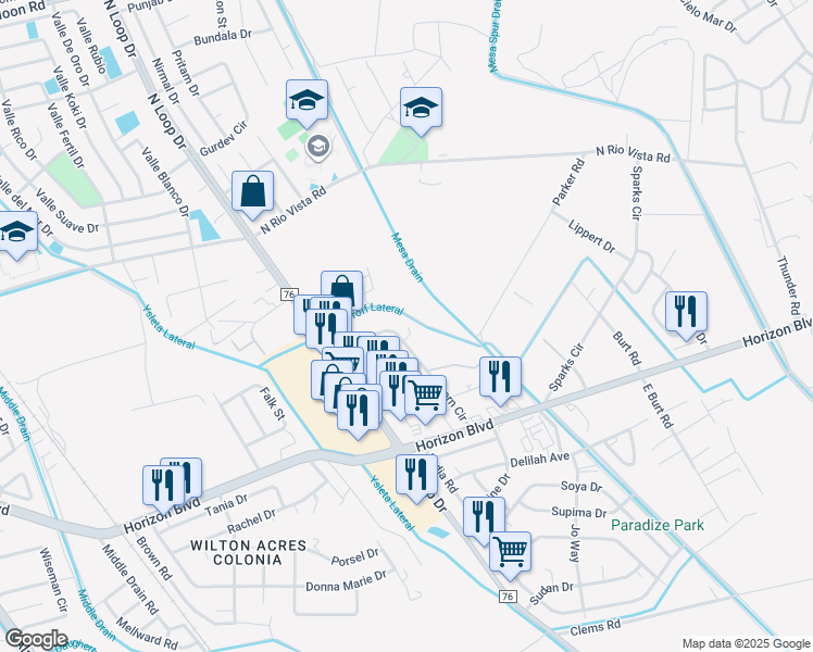 map of restaurants, bars, coffee shops, grocery stores, and more near 10678 Horn Circle in Socorro